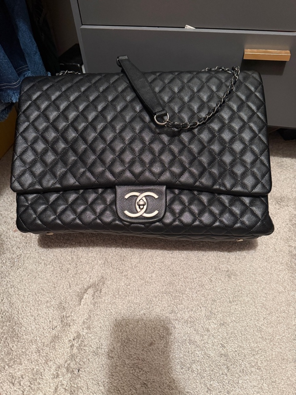 Black Quilted Shoulder Bag with Chain Strap and Logo Turn-Lock